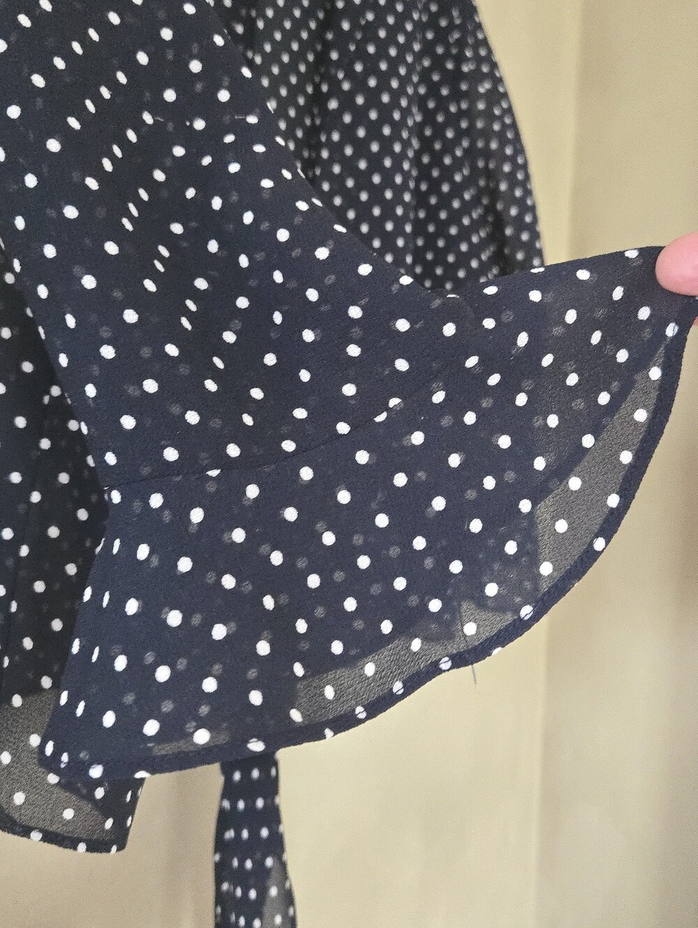 Vintage Joseph Ribkoff | Navy & White Polka Dot Tie-Front Sheer Blouse, Size 8 - Picture 4 of 6